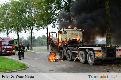 Vrachtwagen botst tegen boom en verkeersborden en vliegt in brand [+foto]