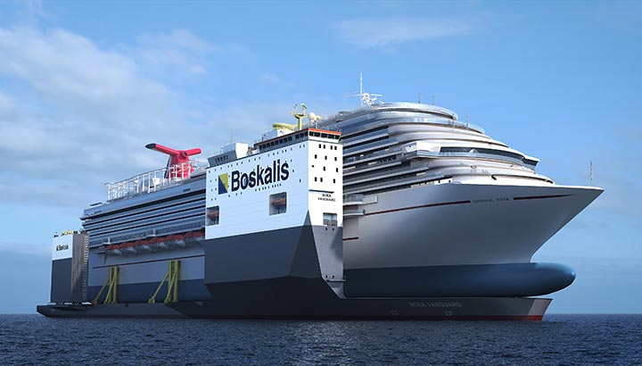 Wereldprimeur: BOKA Vanguard van Boskalis wordt droogdok voor enorm cruiseschip van Carnival [+video]