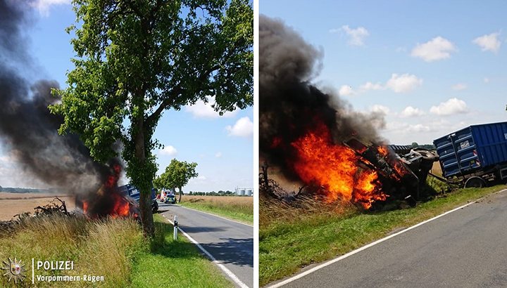 Vrachtwagenchauffeur verkeert in levensgevaar nadat zijn vrachtwagen in brand vliegt na ongeval [+foto]