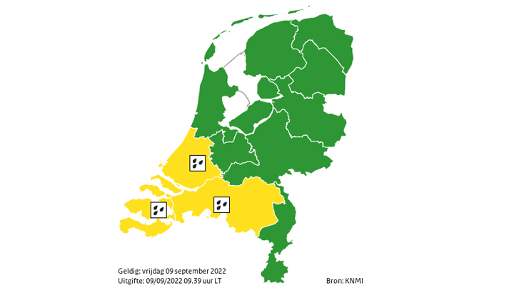 KNMI verwacht veel regen en geeft code geel voor zuidwesten van Nederland